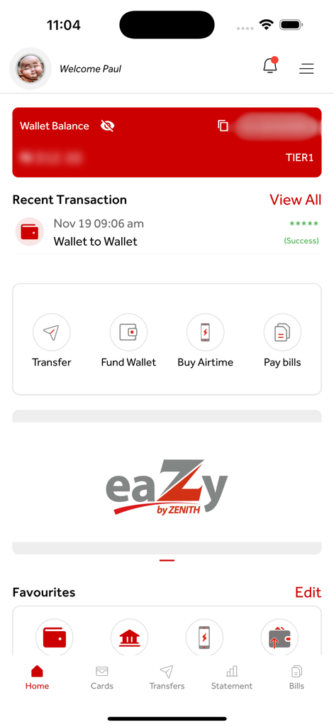 EazybyZenith - Home screen of the EazybyZenith app showing wallet balance and quick action icons for banking tasks