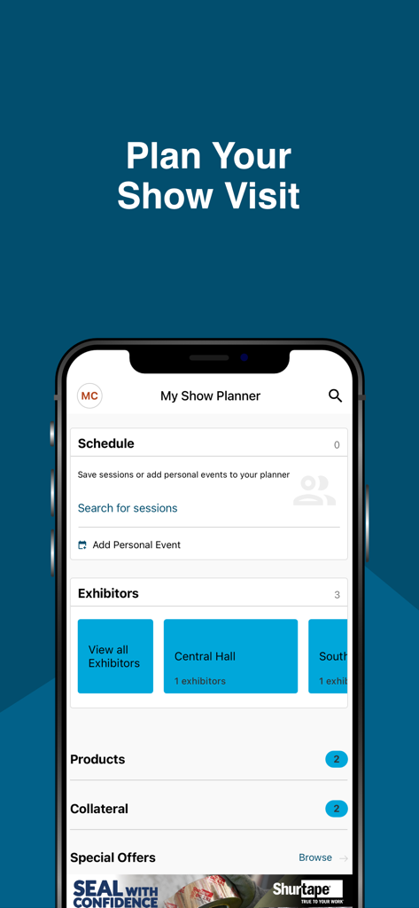 The My Show Planner screen of the 2026 AHR Expo app for scheduling and exhibitor management