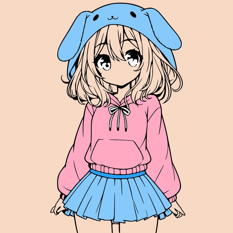 pretty anime girl wearing a fluffy hoodie with bunny ears on the hood and a skirt