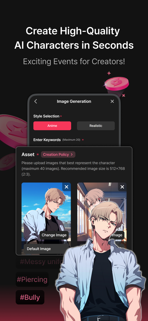 BabeChat - Unleash Unlimited - Interface for creating custom AI characters in BabeChat with anime style selection and character keywords