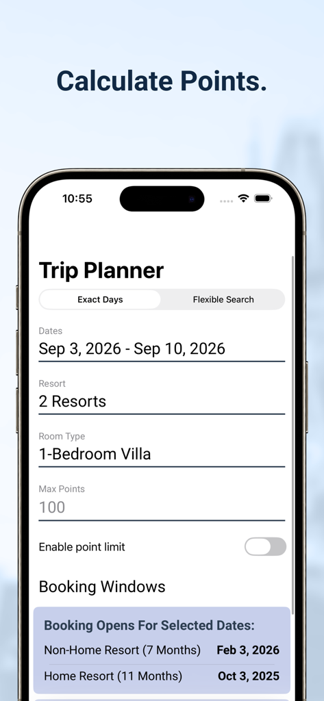 DVC Toolkit app interface showing the Trip Planner screen for calculating vacation club points and booking windows.