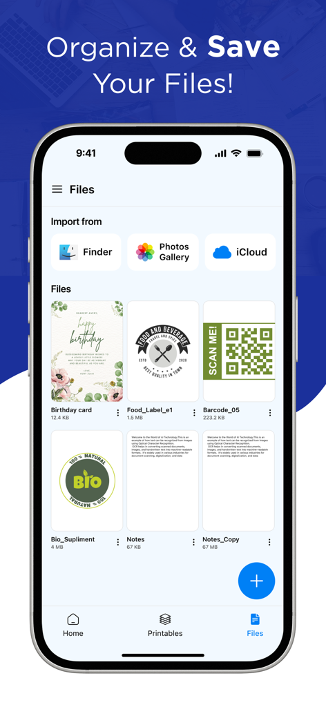 iPhone-Bildschirm mit der Dateiverwaltungs- und Importoberfläche der Smart Printer App mit Optionen für iCloud und Fotos.