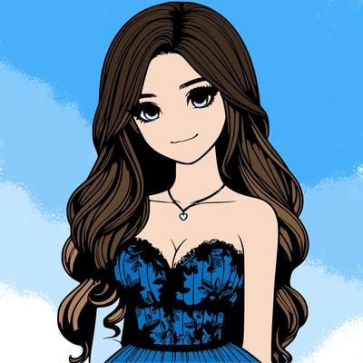 realistic girl with long hair and pretty prom dress