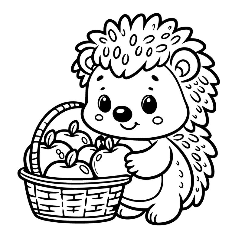 little cartoon hedgehog collecting apples in a basket