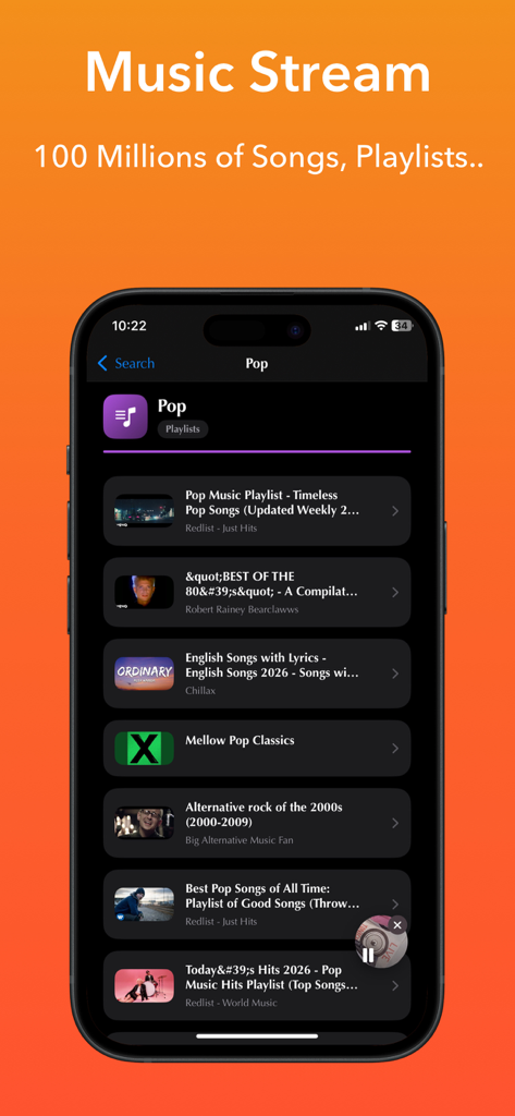 Musi X: Stream Music Player AI - Musi X music player app interface showing a list of pop music playlists in dark mode on an iPhone screen