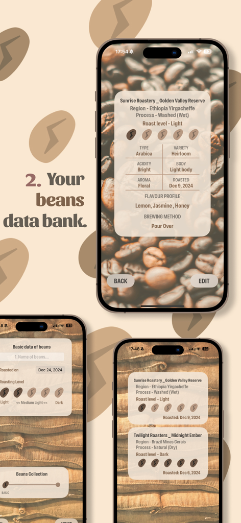 Coffee Buff - Interfaz de la aplicación Coffee Buff que muestra un banco de datos detallado de granos de café y registros de colección.
