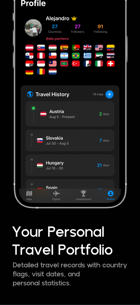 Profilo utente nell'app MileAway che mostra statistiche e cronologia di viaggio