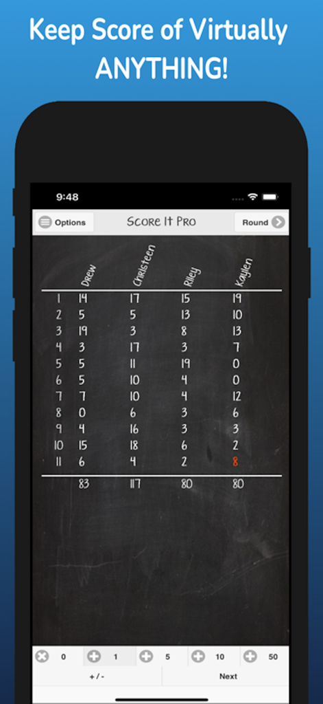 Digital scorecard with blackboard theme and four player names
