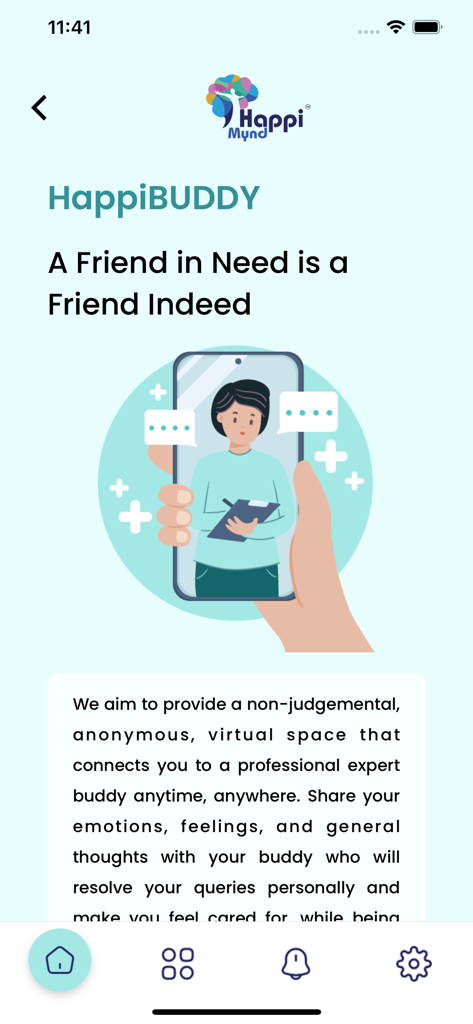 HappiMynd-Emotional Self Help - Pantalla de la aplicación HappiMynd para el soporte profesional anónimo de HappiBUDDY