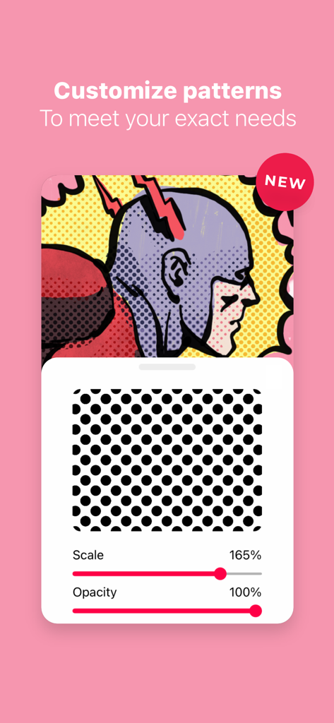 Tayasui Sketches - Tayasui Sketches pattern customization tool showing scale and opacity adjustments over a comic style illustration.