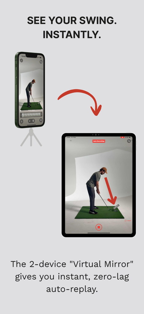A golfer using an iPhone and iPad for instant two-device swing replay