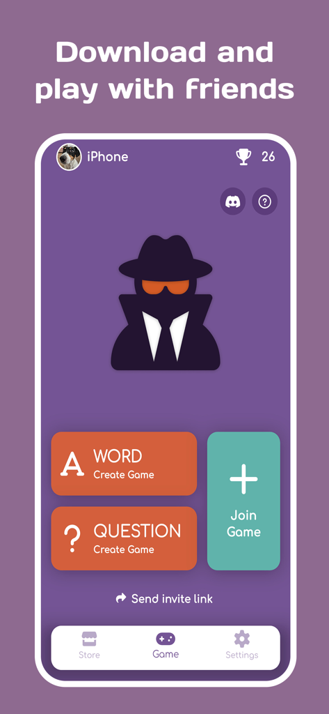 Main menu of the Impostor party game app with options to create or join games