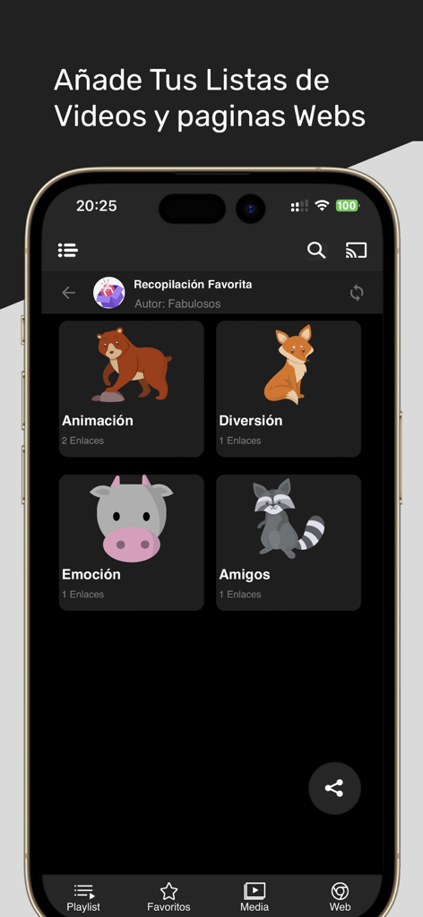 Whatplay: Reproductor IPTV - Whatplay mobile app screen for adding video playlists and web pages with categories like animation and fun
