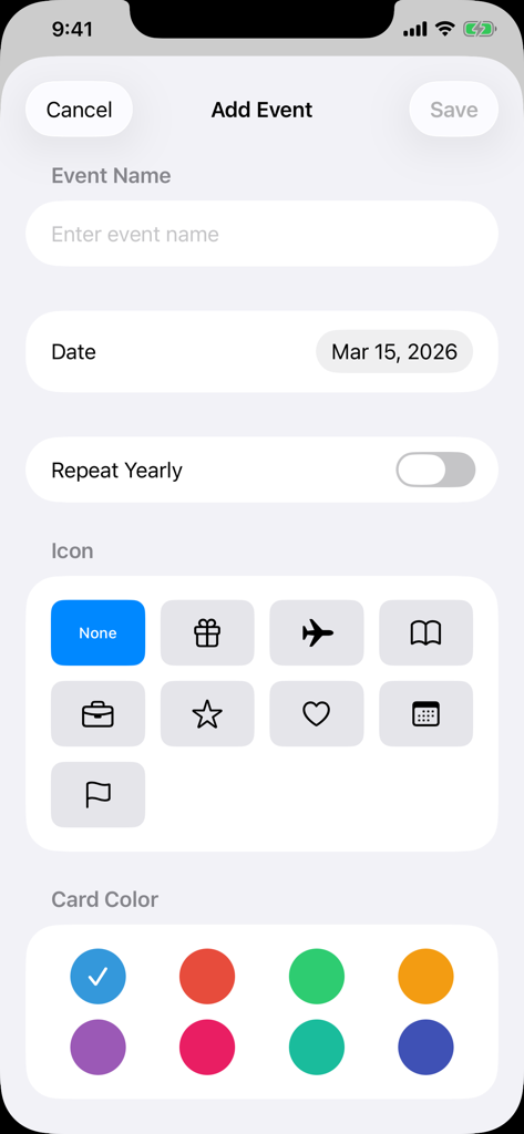Event Countdown - Days Left - Interface for adding a new event with customizable icons and card colors.