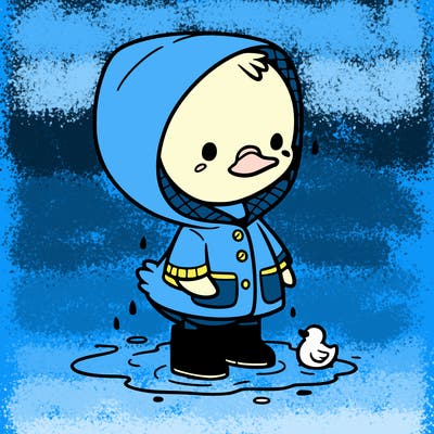 baby duck in a rain coat and boots, in a puddle while it’s raining