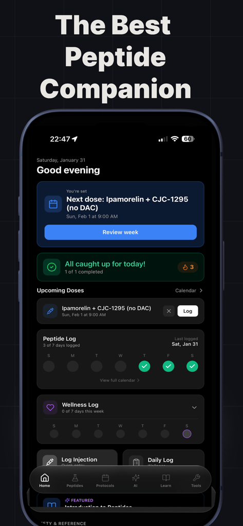 PeptIQ: Peptide Tracker - PeptIQアプリのダッシュボード。今後のペプチド投与量と毎日の記録進捗状況が表示されます。