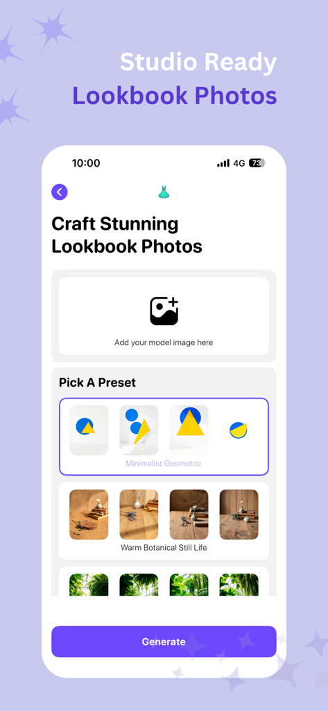 PIPITAI: Studio & Model - Mobile app screen for creating professional fashion lookbooks with AI background presets