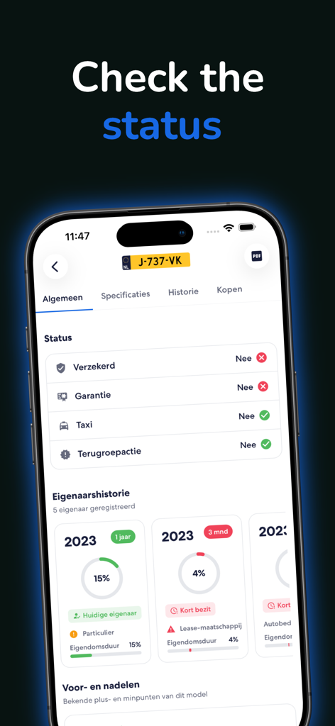 Eine mobile Benutzeroberfläche der Qenteken-App, die Fahrzeugstatus und Besitzerhistorie für ein niederländisches Kennzeichen anzeigt.