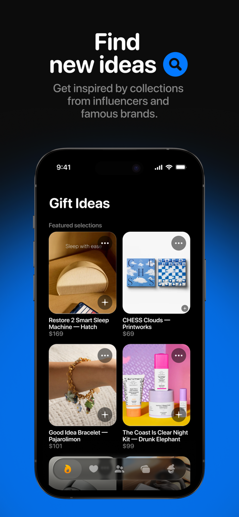 Ohmywishes: Wishlists & Gifts - Écran de l'application Ohmywishes affichant une galerie organisée d'idées cadeaux d'influenceurs et de marques.