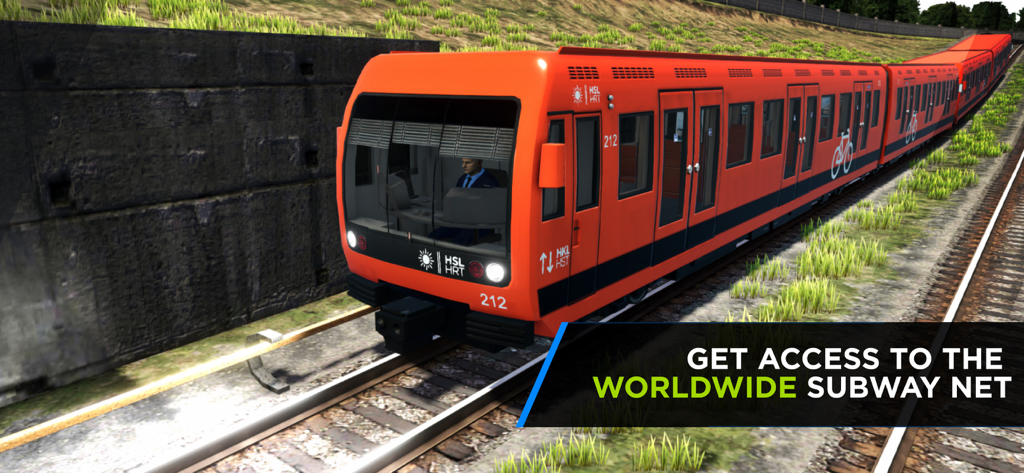 An orange subway train driving on tracks with a driver visible in the cab