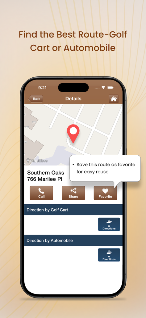 Navigation screen of the Villages GPS app with directions for golf carts and automobiles