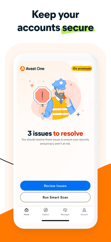 Interfaccia dell'app Avast One che mostra tre problemi di sicurezza da risolvere e un'opzione di scansione intelligente.