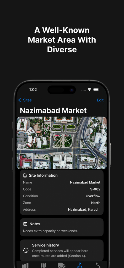 Maps 4u - Interface of Maps 4u showing site information and condition for a logistics collection point