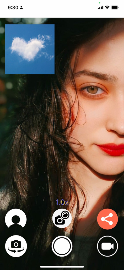 A dual camera smartphone app interface showing a woman's selfie with a heart shaped cloud in a small square overlay