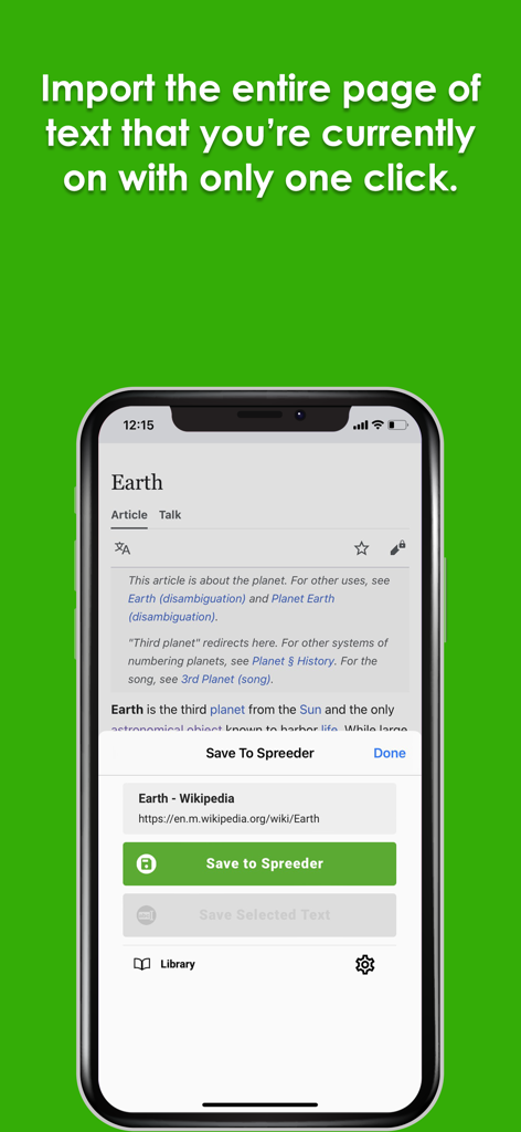 Save To Spreeder - Save To Spreeder mobile app interface displaying a one-click text import feature on a Wikipedia article.