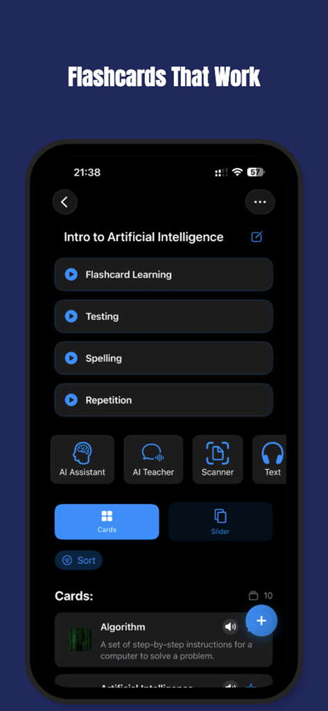 L'interfaccia principale dell'app Studiare che mostra un mazzo di flashcard Introduttive all'Intelligenza Artificiale con opzioni per test, ripetizione e assistenza AI.