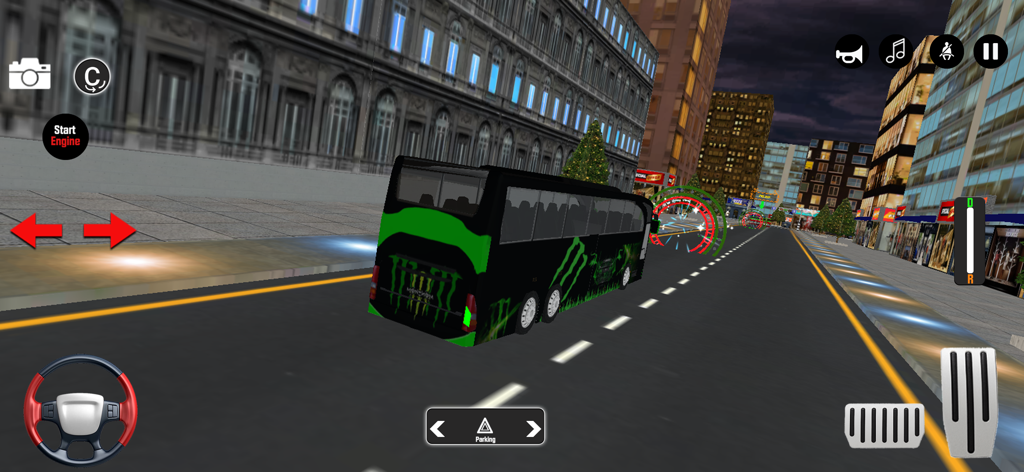 Coach Bus Simulation Games 3D - A black and green coach bus driving through a city street at night in a 3D simulation game showing on screen steering and pedal controls