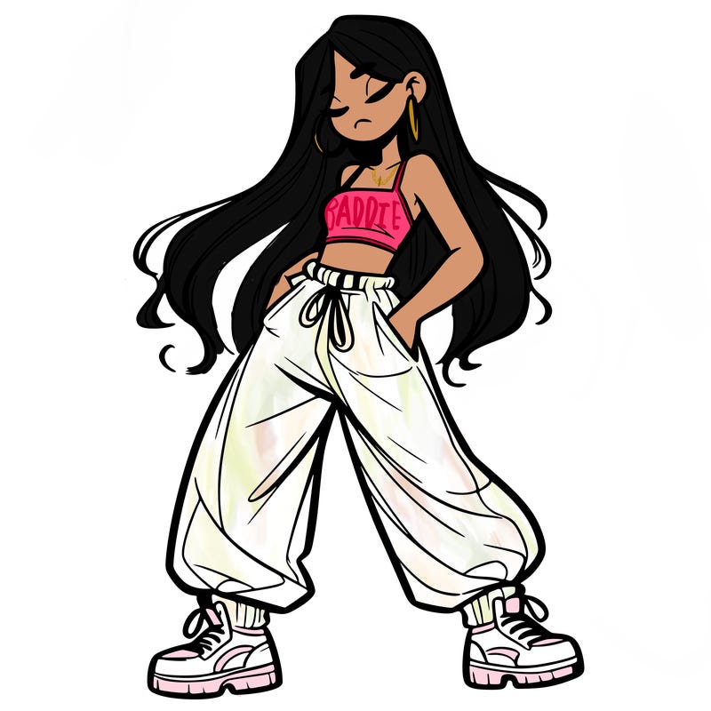 girl in baggy pants crop top and long hair