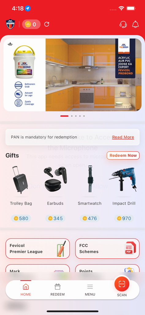 Dashboard der FCC-App, das einlösbare Geschenke wie einen Schlagbohrer und Ohrhörer für Bauunternehmer anzeigt