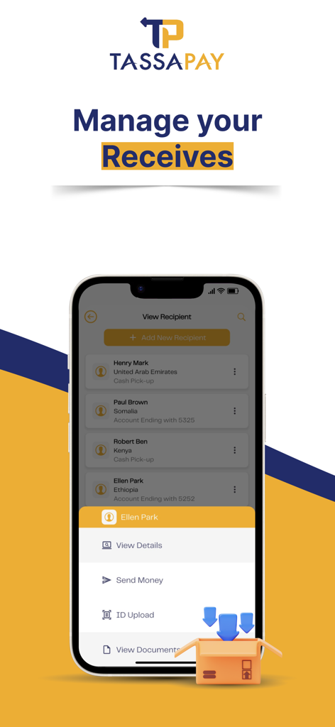 Tassapay - Tassapay app screen showing a list of international money transfer recipients and an action menu for sending money