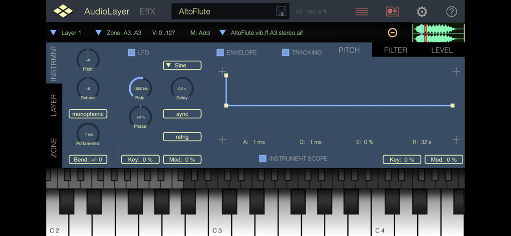 AudioLayer app interface showing pitch envelope and LFO controls for a sampler instrument above a virtual piano keyboard
