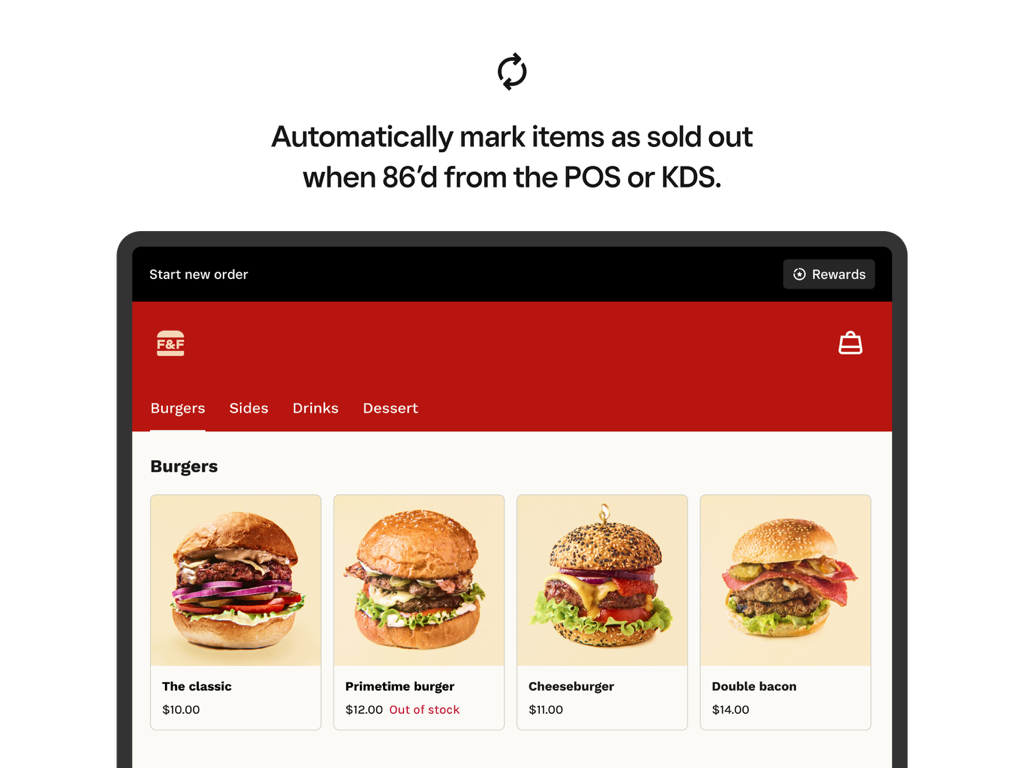 Square Kiosk - POSからの自動在庫同期に関するメッセージとともに、在庫切れとマークされたハンバーガーが表示されているSquare Kioskデジタルメニュー