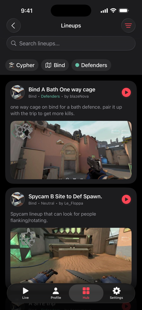 VALPAW - VALPAW mobile app showing a library of Valorant lineups for Cypher on the Bind map with video guides and tactical descriptions.