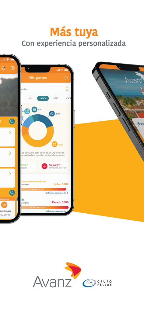 Interfaz de la aplicación de banca móvil Avanz Móvil que muestra el seguimiento de gastos personalizado y categorías de gastos.