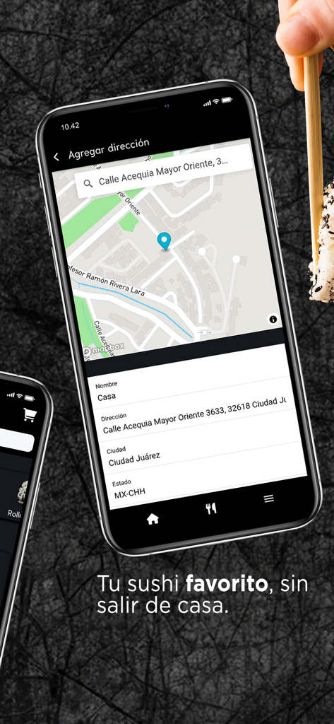 SushiGada - SushiGada app screen for adding a delivery address featuring a map and location details