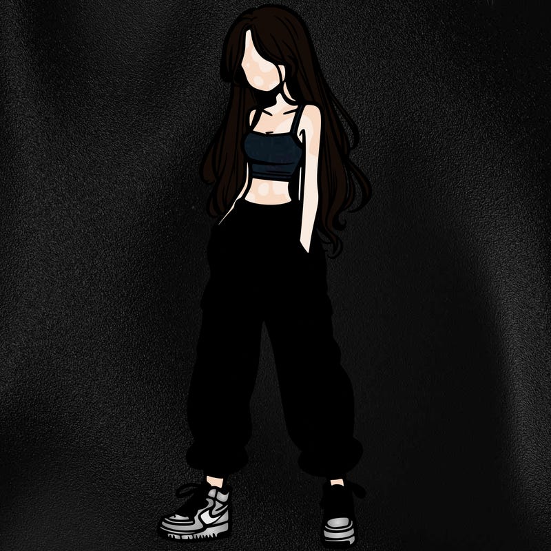 girl in baggy pants crop top and long hair