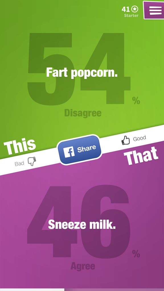 Pantalla de la aplicación móvil que muestra una encuesta divertida de ¿Esto o lo otro? con estadísticas de porcentajes para dos opciones absurdas