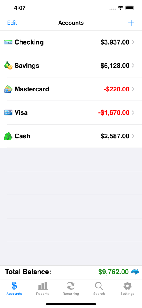 Overview of multiple financial accounts and total balance in the Accounts 2 Checkbook app.