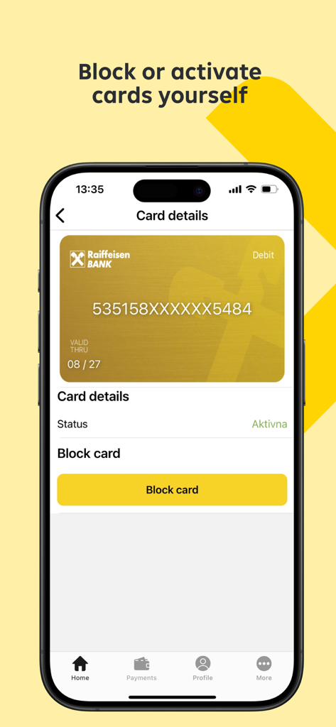 Raiffeisen Mobile Banking - Raiffeisen Mobile Banking App-Bildschirm mit Kartendetails und einer Option zum Sperren der Karte