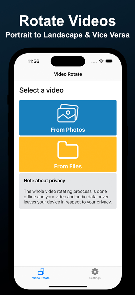 Video Rotate - Fix rotation - Interface principal do aplicativo Girar Vídeo mostrando opções para selecionar vídeos de fotos ou arquivos.