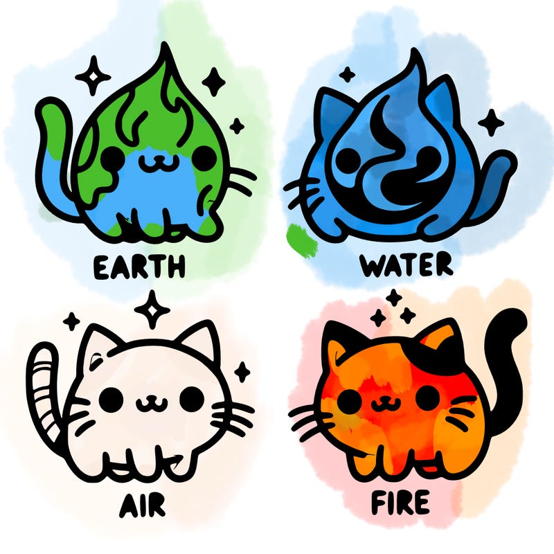 4 cats that represent the different elements, earth, water, air, and fire
