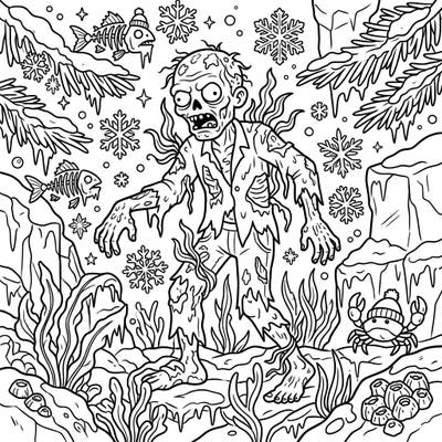 Prepare for an extraordinary coloring adventure where the spooky meets the frosty! This unique page brings together waterlogged zombies and a magical winter wonderland, complete with icy formations and swirling snowflakes.
