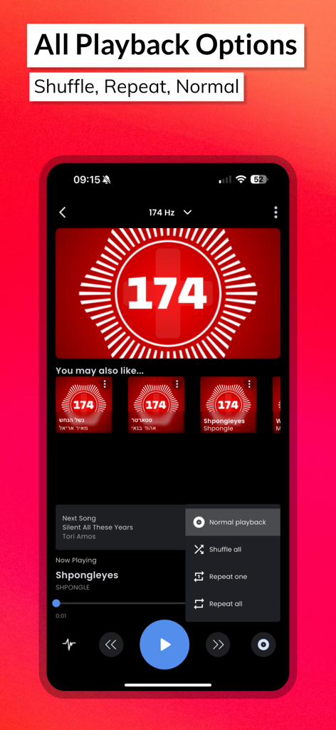174 Player Plus - Interface of 174 Player Plus app showing playback settings including shuffle and repeat modes for 174 Hz retuned music