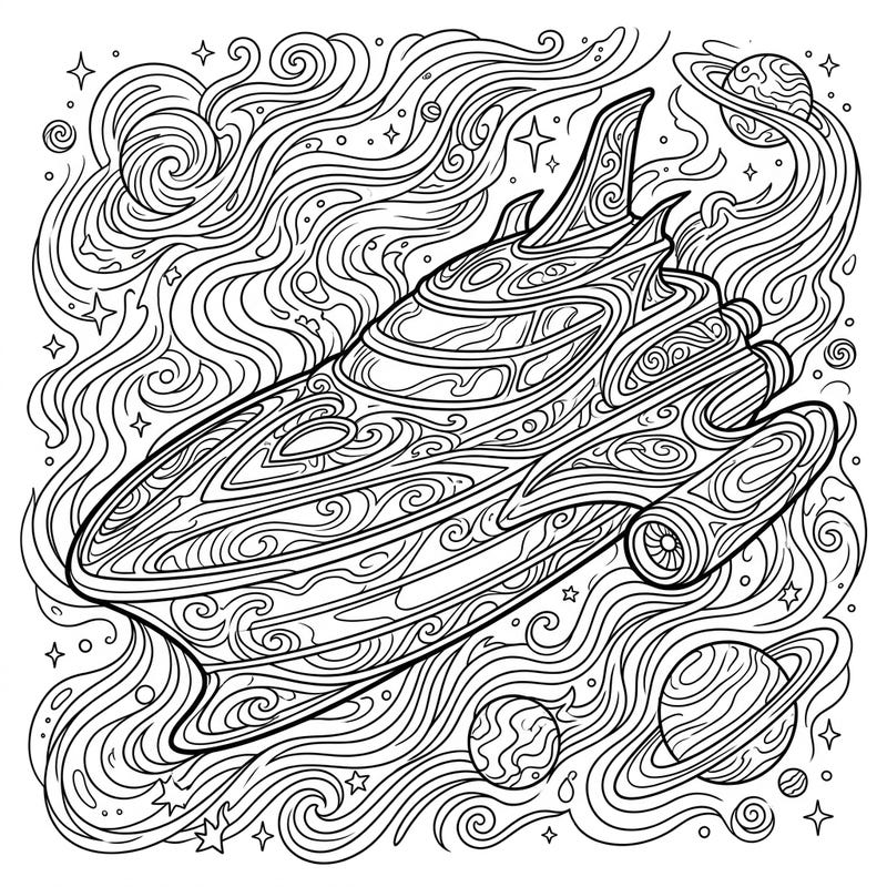 Explore the cosmos with this stunning luxury space liner, transformed by a mesmerizing psychedelic design. Dive into a world of swirling patterns and cosmic wonders, perfect for a relaxing coloring escape.