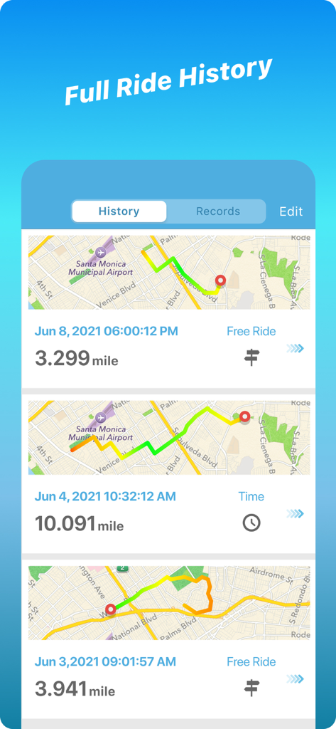 Bicycle ride tracker PRO app screen showing a detailed history of past rides with GPS maps and mileage