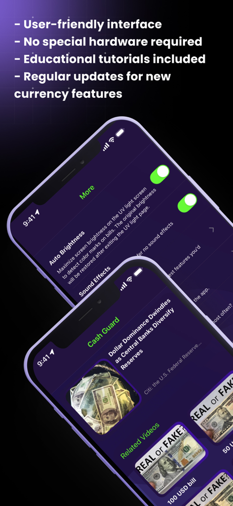 Cash Guard: Identify Fake Bill - Duas telas de celular mostrando as configurações do aplicativo Cash Guard e recursos educacionais para detectar moeda falsificada